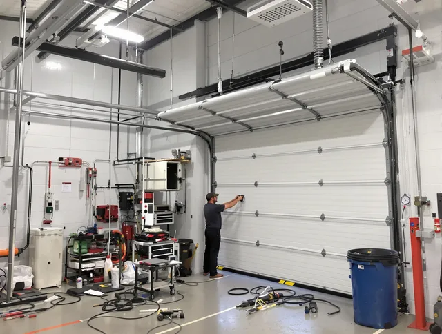 Rialto Garage Door Repair certified technician performing commercial door repair at a Rialto business facility