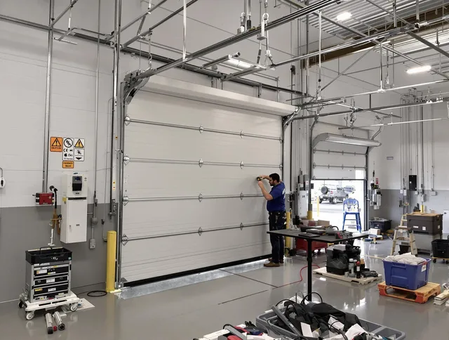Commercial garage door repair being performed by Rialto Garage Door Repair expert in Rialto