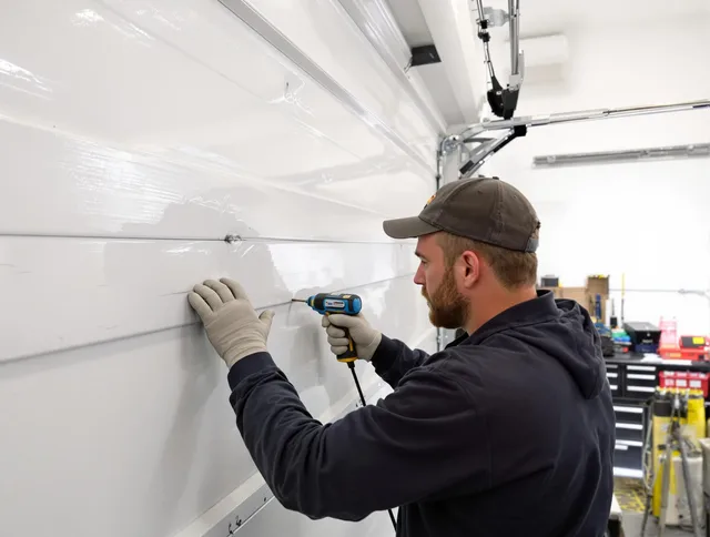 Rialto Garage Door Repair technician demonstrating precision dent removal techniques on a Rialto garage door