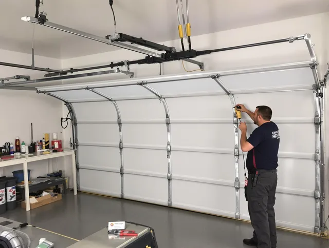 Rialto Garage Door Repair certified technician performing overhead door system repair in Rialto