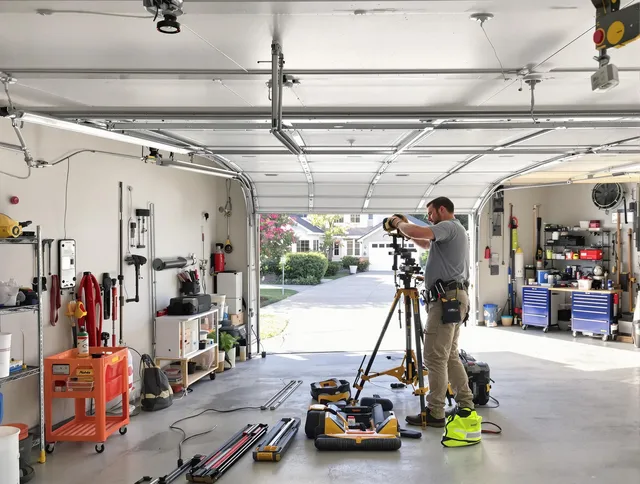 Rialto Garage Door Repair specialist performing laser-guided track alignment in Rialto
